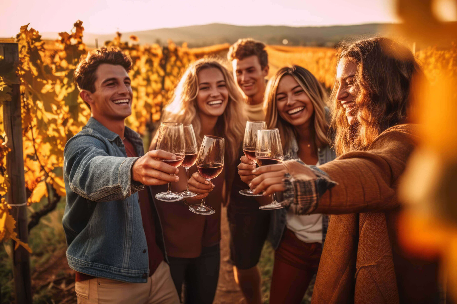 Junge Erwachsene stoßen mit Wein an, fröhliche Stimmung im Weinberg bei Herbstlicht.